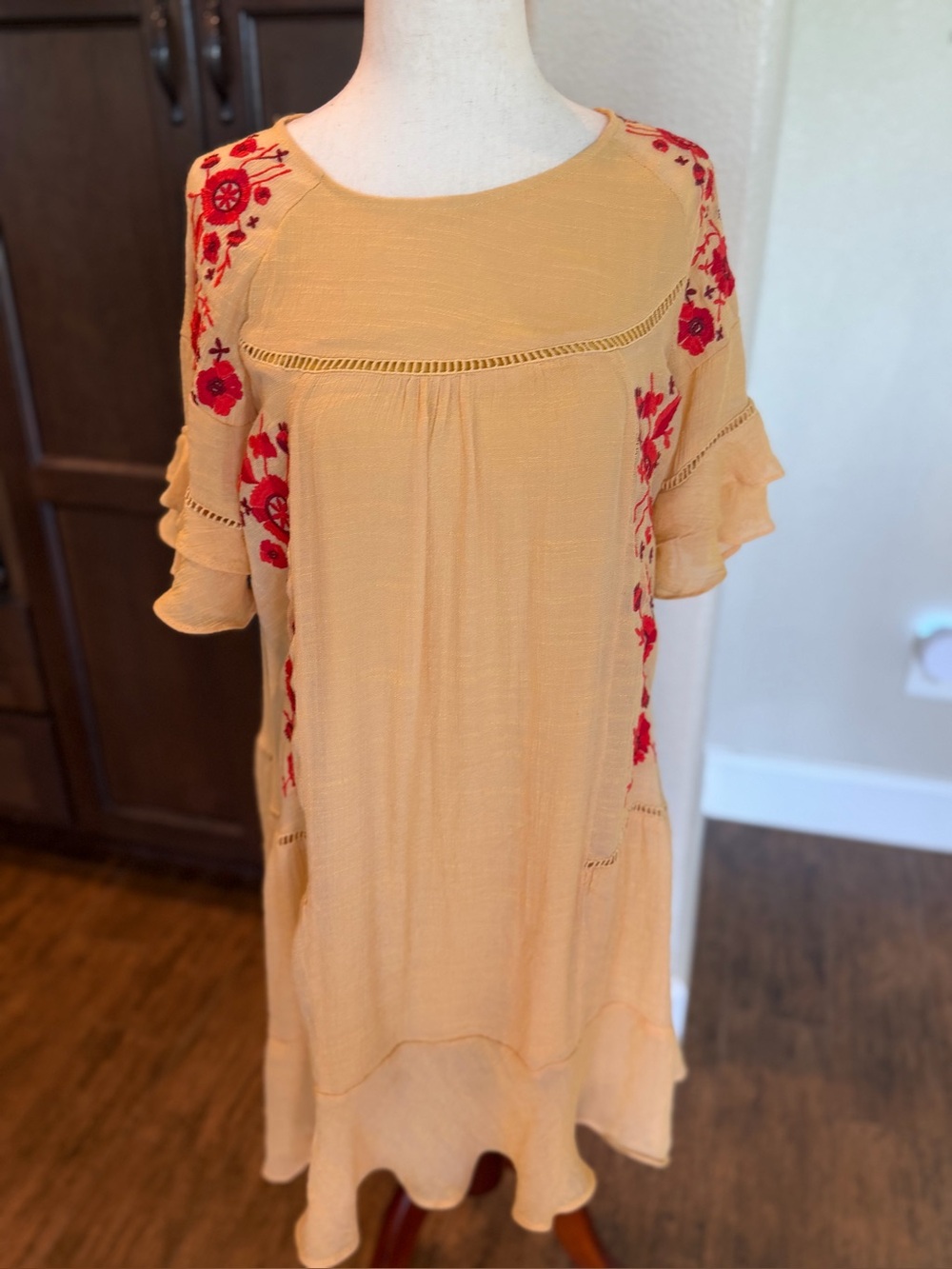 Altar'd State mustard yellow boho mini dress embroidered size M